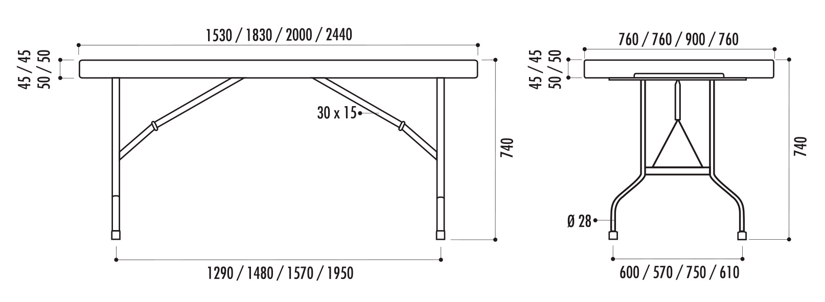 dimensions des tables pliantes en polypro - cofradis